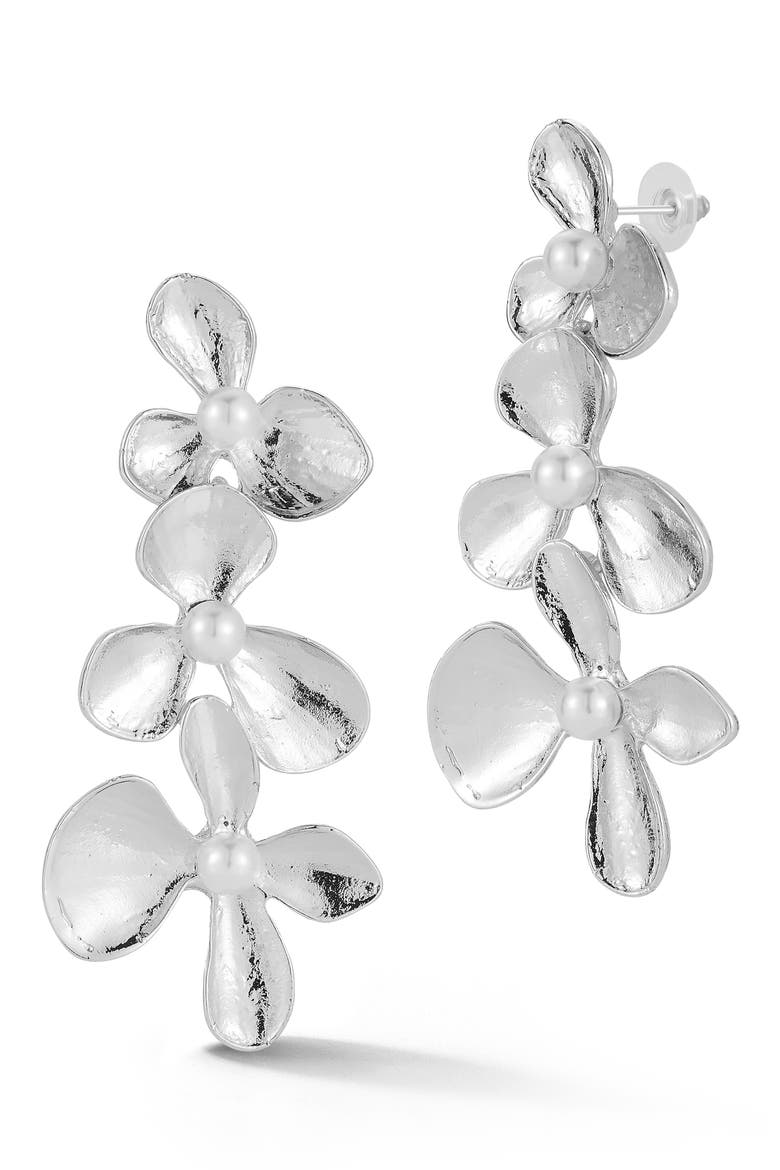 Faux Pearl Flower Drop Earrings, Main, color, SILVER