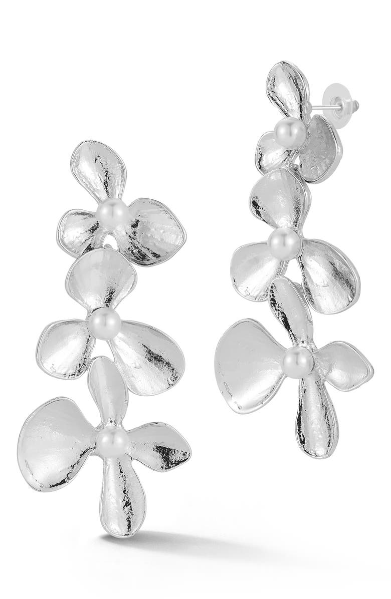 SPHERA MILANO Faux Pearl Flower Drop Earrings, Main, color, Silver