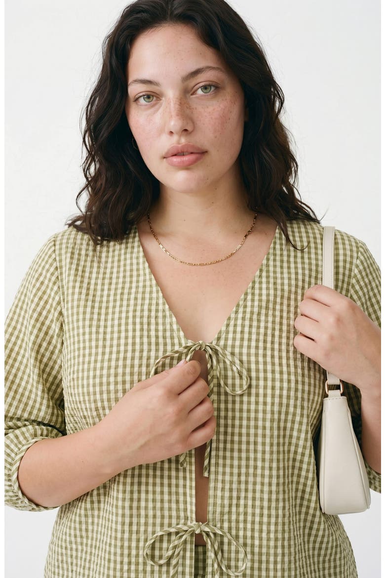 Gingham Tie Front Top, Alternate, color, FOG GREEN W/ WILLOW CHECKS