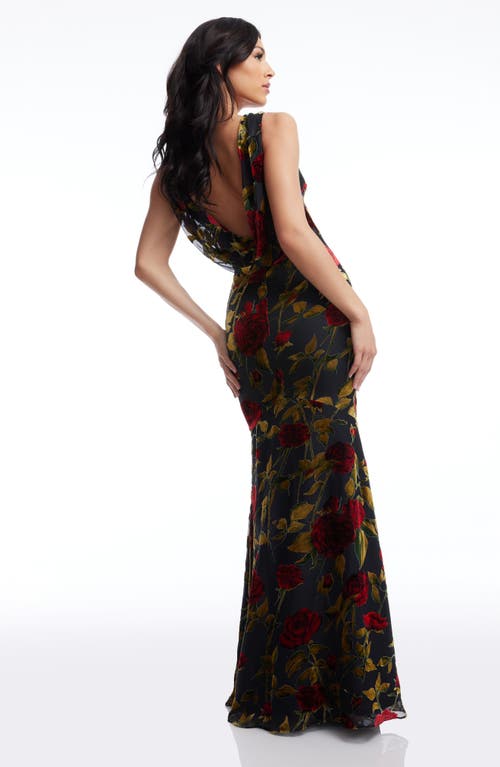 Dress The Population Cherilyn Floral Velvet Burnout Open Back Mermaid Gown In Black Multi