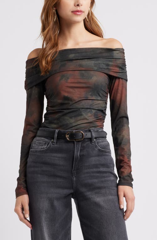 Open Edit Off the Shoulder Knit Top in Olive- Rust Mineralized Print 