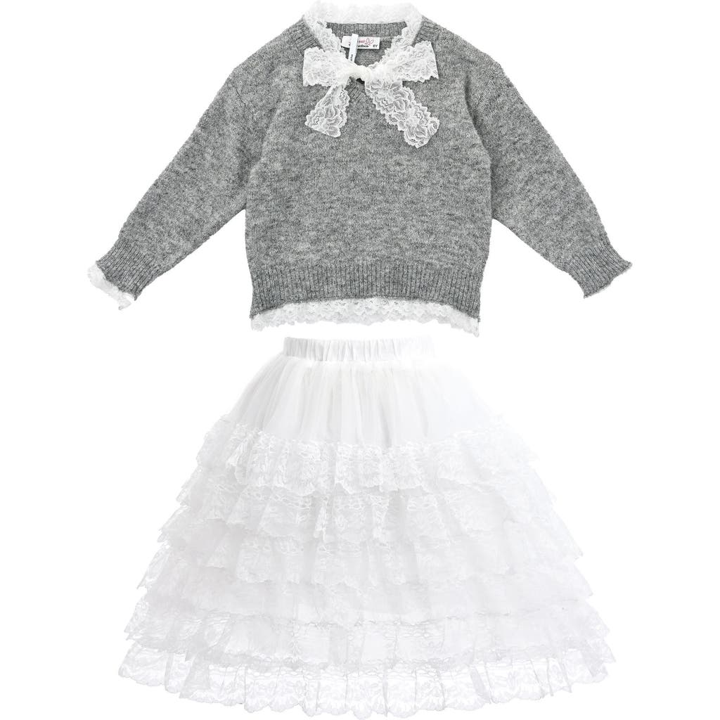 Sweet Cactus Kids' Lace-bow Top With Tiered Skirt In Gray