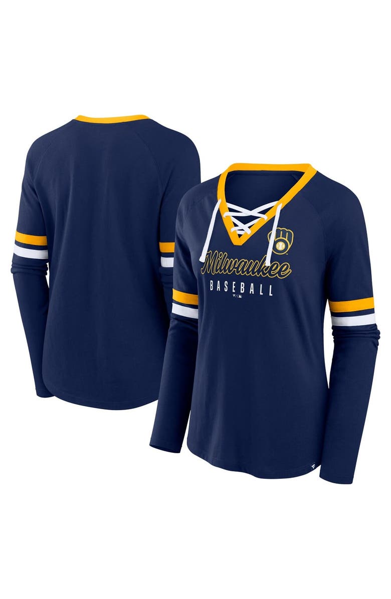 FANATICS Women's Fanatics Navy Milwaukee Brewers Won & Done Raglan Lace-Up Long Sleeve T-Shirt, Main, color, 