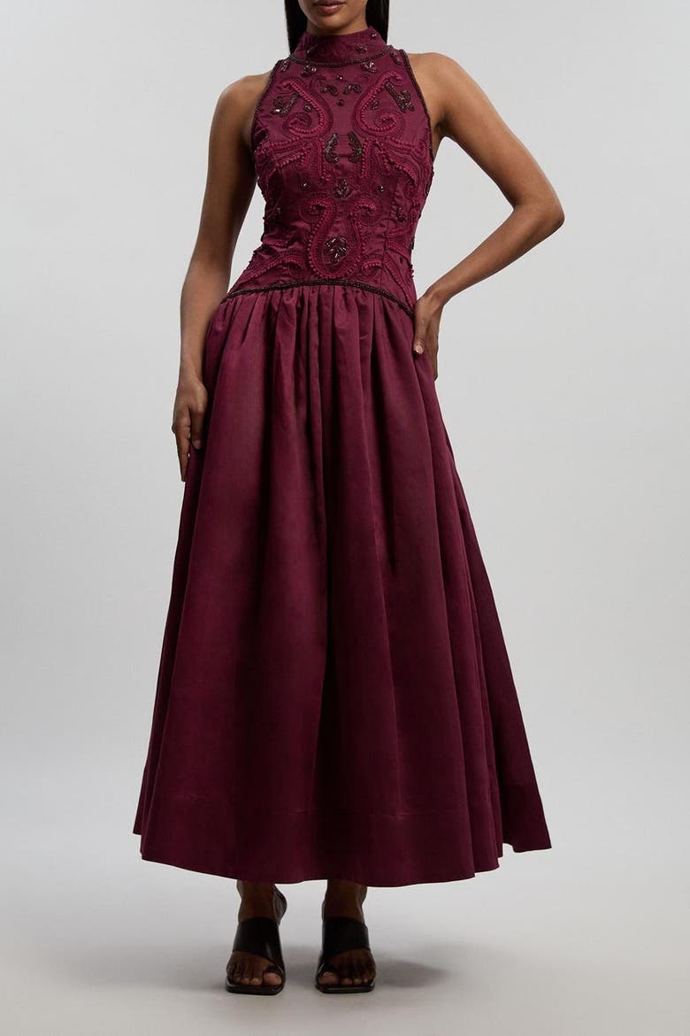 Taffeta High Neck Fit & Flare Dress, Alternate, color, Plum
