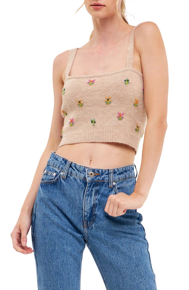 English Factory Beads Detail Crop Sweater Tank, Main, color, Beige