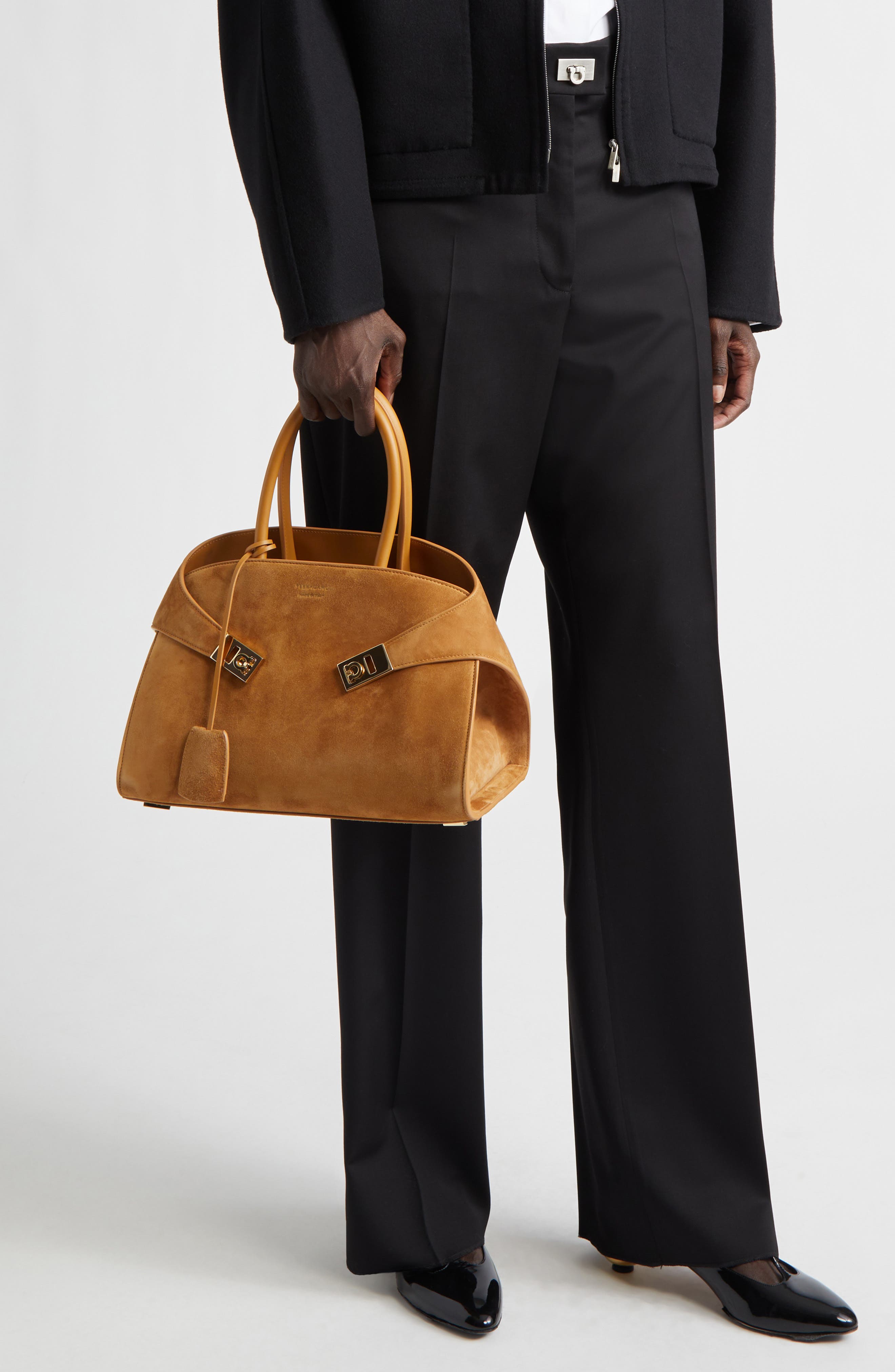 FERRAGAMO Small Hug Suede Top Handle Bag, Alternate, color, Natural