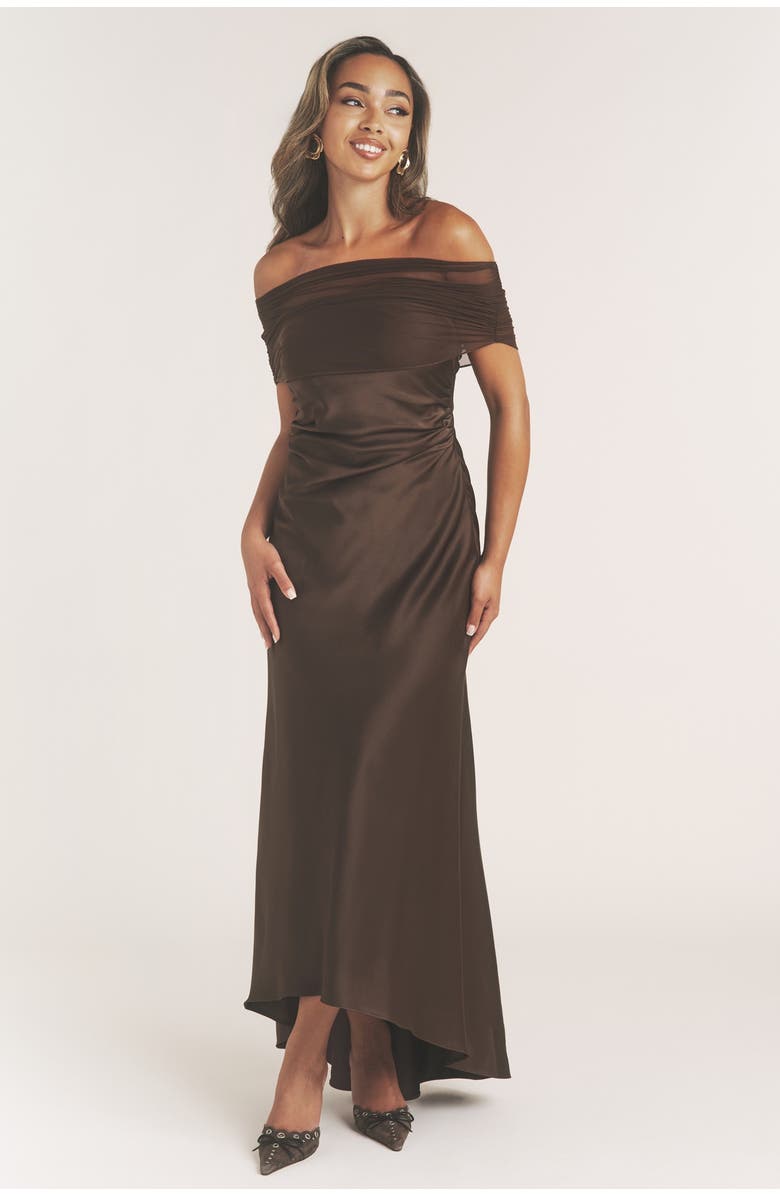Six Stories Bardot Detail Satin Midaxi Dress, Main, color, 