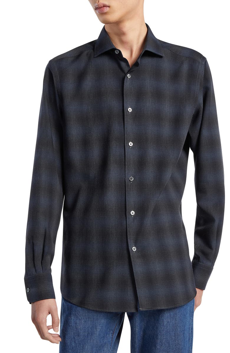 ZEGNA Cashco Plaid Cotton & Cashmere Button-Up Shirt, Main, color, 