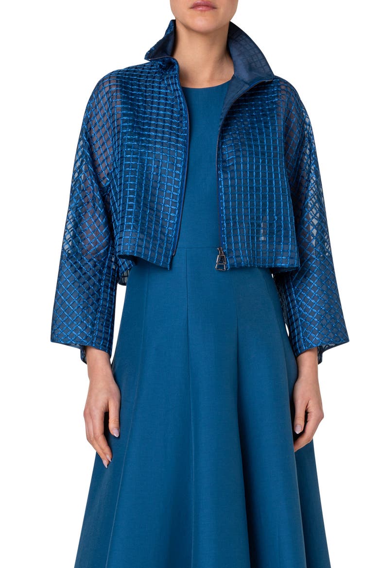 Mimi Check Embroidered Silk Blend Organza Crop Jacket, Main, color, MEDIUM DENIM