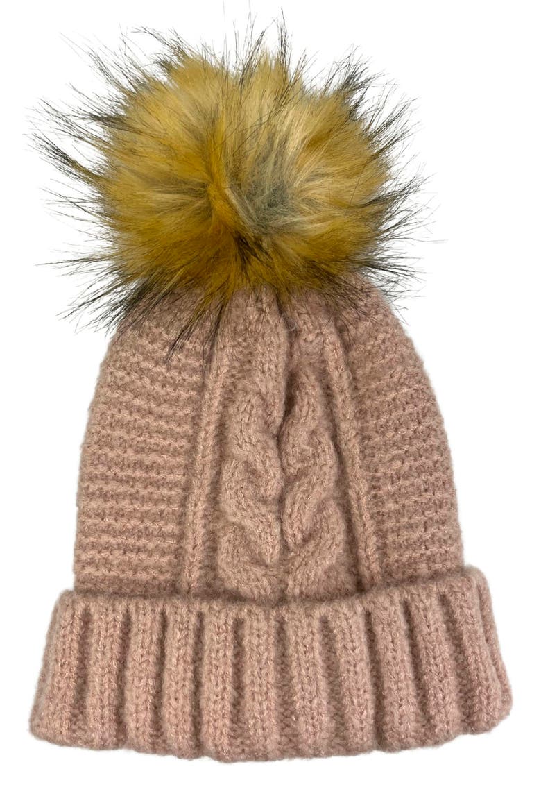 Faux Fur Pom Cable Knit Beanie, Main, color, BLUSH