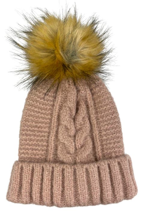 Faux Fur Pom Cable Knit Beanie