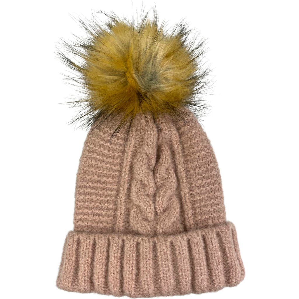 Marcus Adler Faux Fur Pom Cable Knit Beanie In Brown
