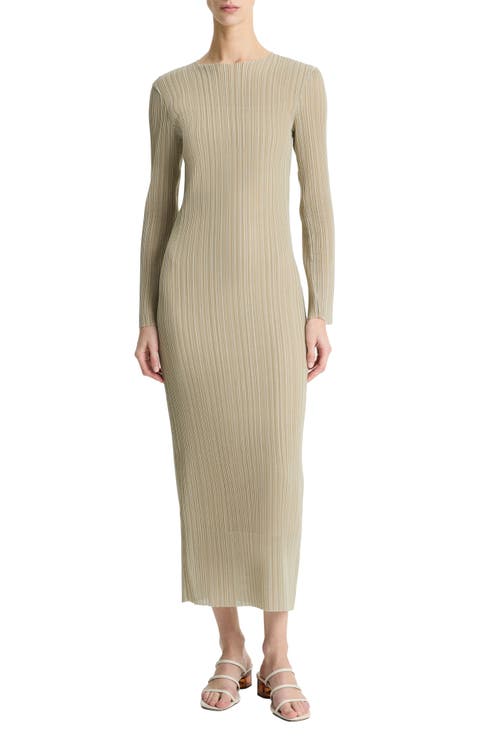 Plissé Pleat Long Sleeve Body-Con Maxi Dress