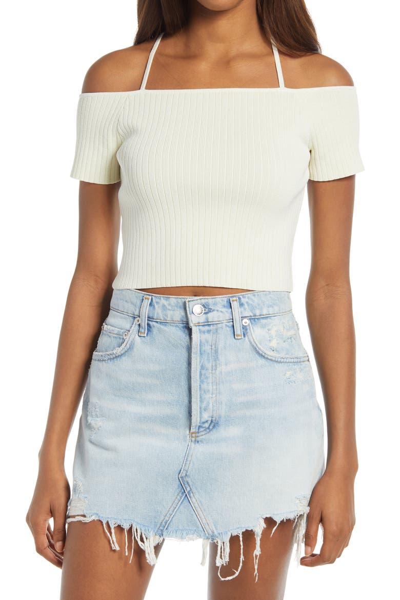Deena Off the Shoulder Rib Knit Crop Top, Main, color, ANTIQUE IVORY