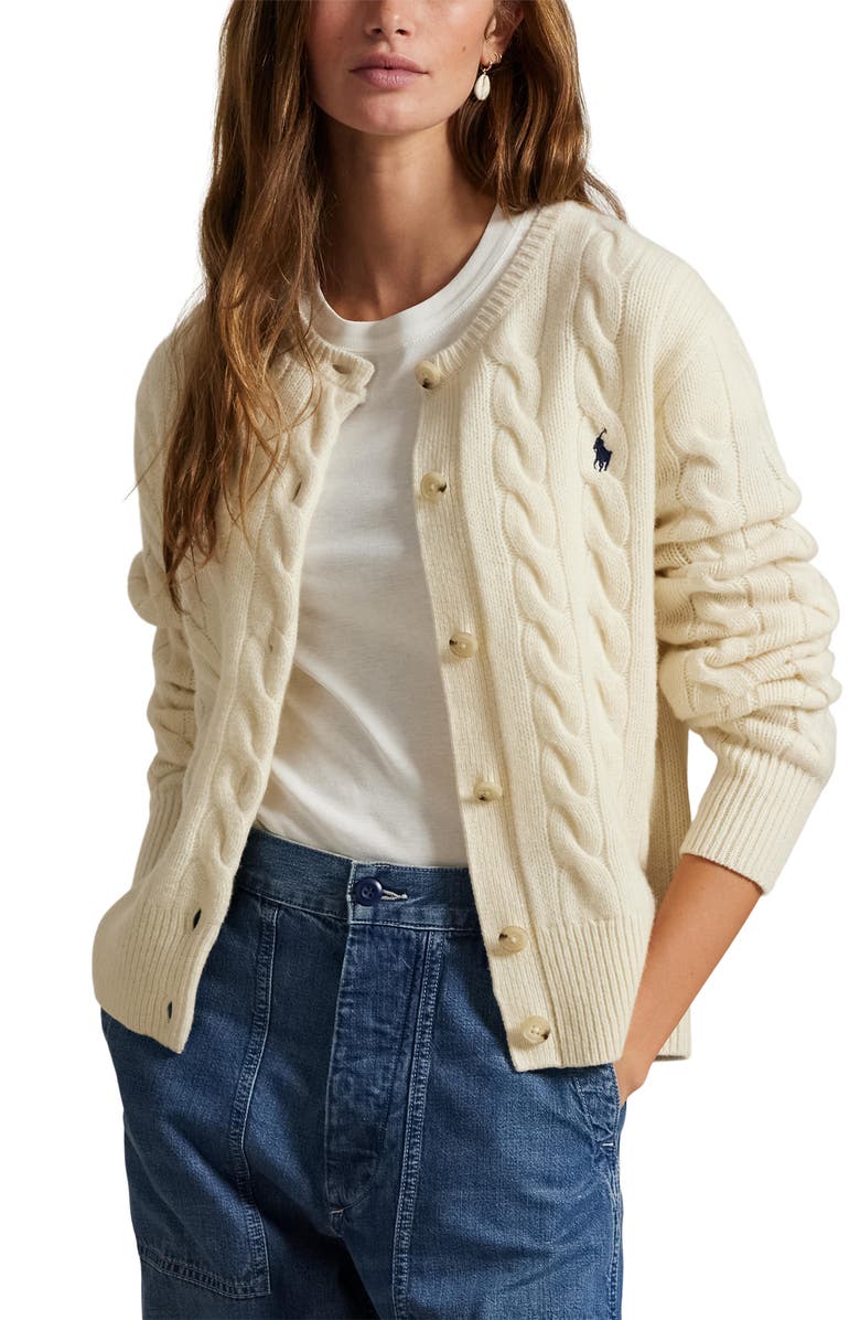 Polo Ralph Lauren Cable Knit Wool & Cashmere Cardigan, Main, color, Authentic Cream
