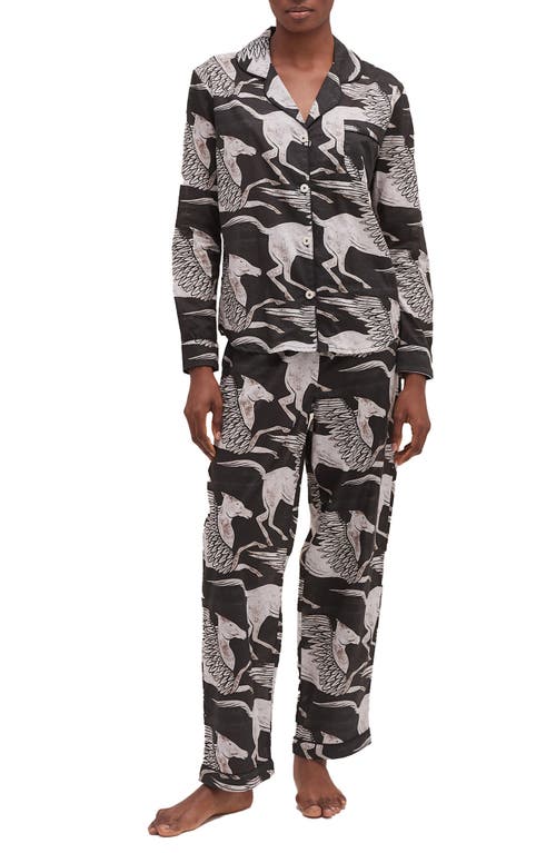Desmond & Dempsey Pegasus Printed Cotton Pyjama Set In Black/white