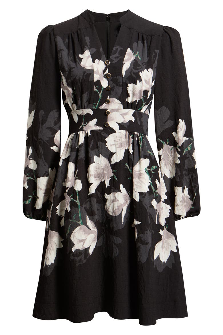 Placement Print Long Sleeve Dress, Alternate, color, BLACK IVORY PRINT