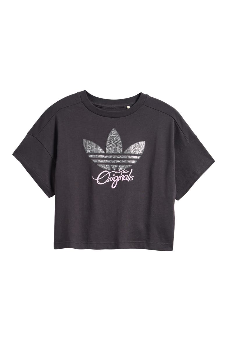 Kids' Oversize Sweater Trefoil Cotton Graphic T-Shirt, Main, color, BLACK