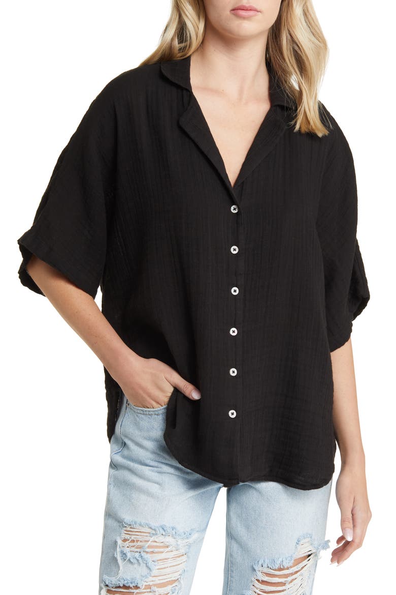 Premium Surf Cotton Gauze Button-Up Shirt, Main, color, BLACK