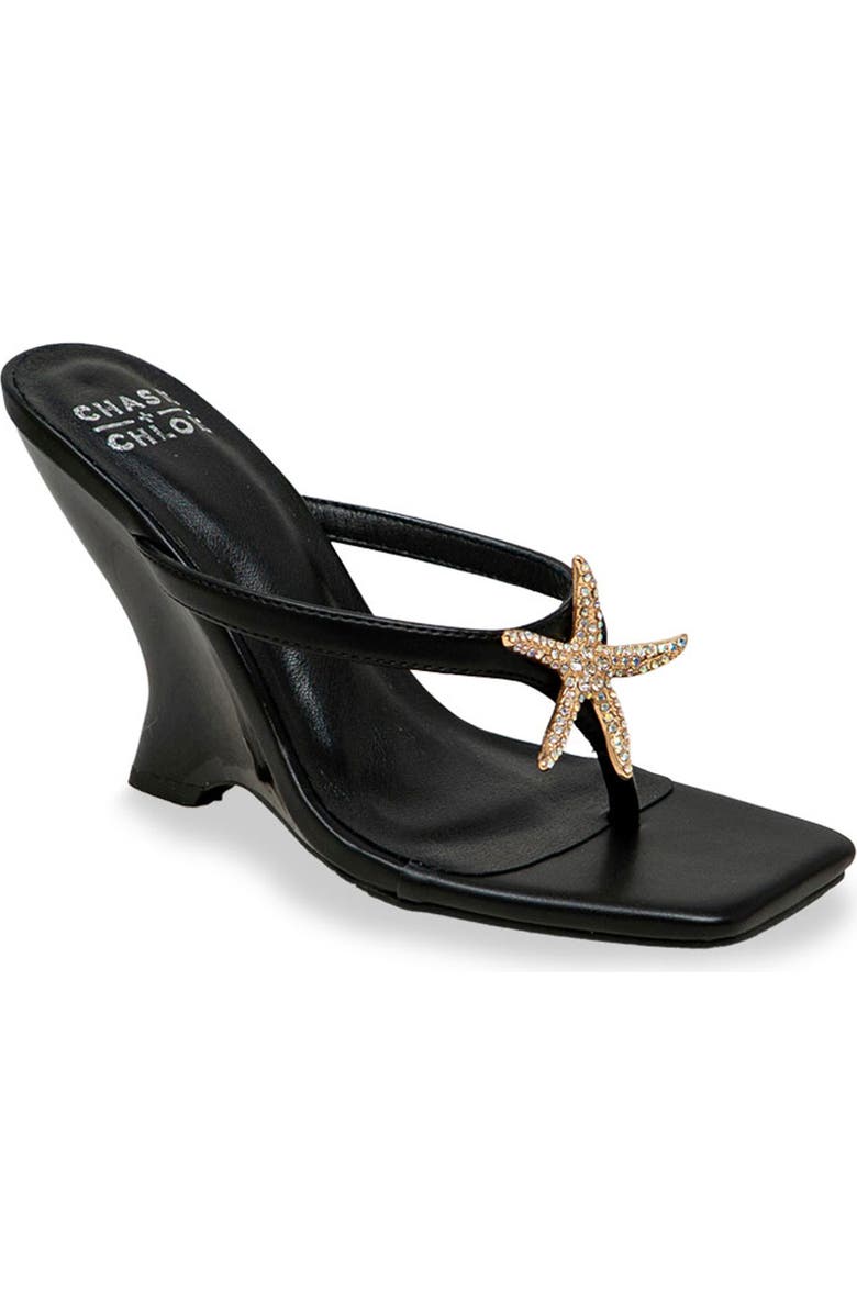 CHASE AND CHLOE Starfish Post Toe Wedge Heel Sandal, Main, color, Black