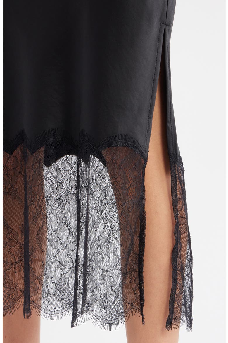 Lace Trim Satin Midi Skirt, Alternate, color, BLACK