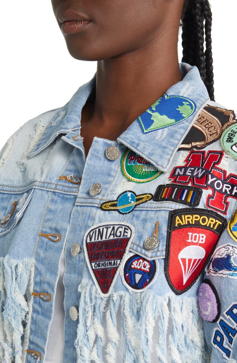 AZALEA WANG Patch Fringe Denim Jacket, Alternate, color, 