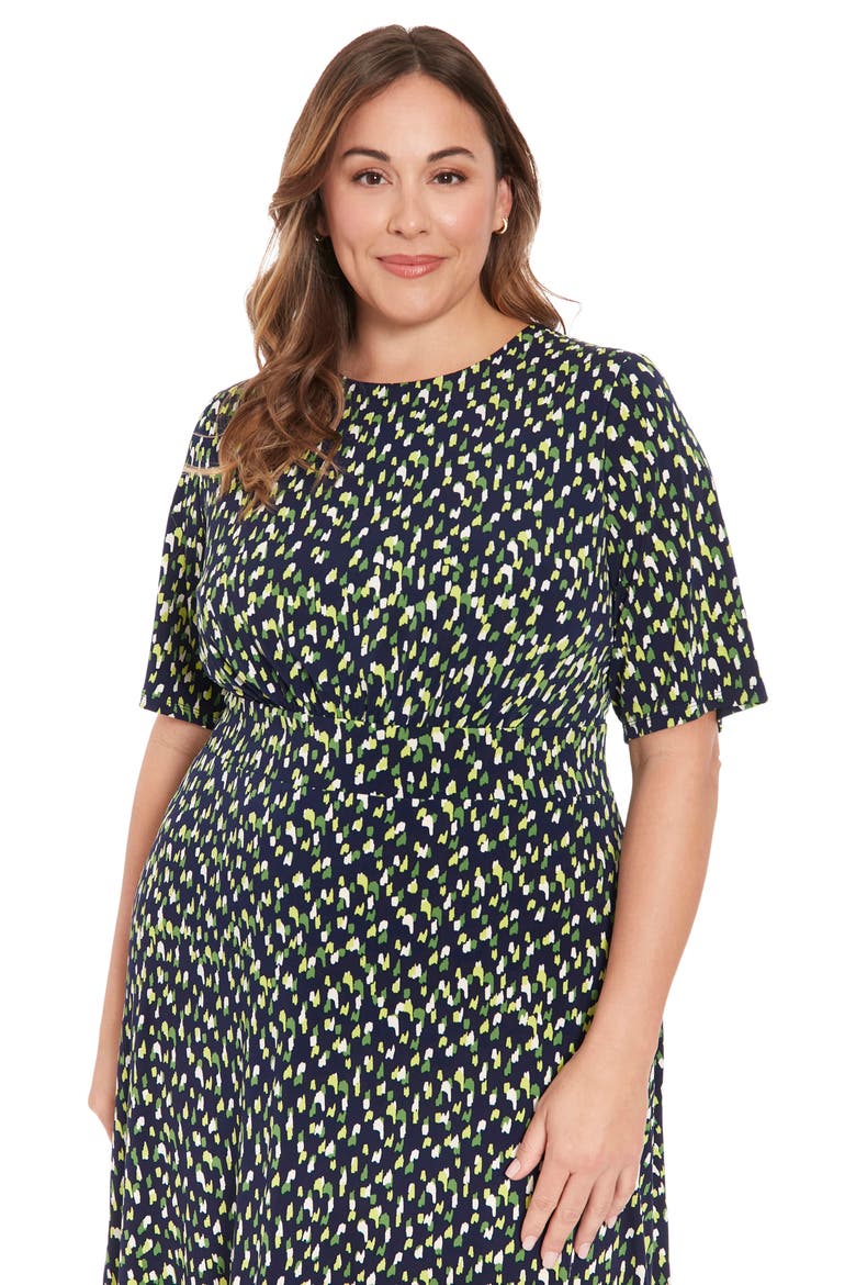 Elbow Sleeve Fit & Flare Midi Dress, Alternate, color, NAVY/ GREEN