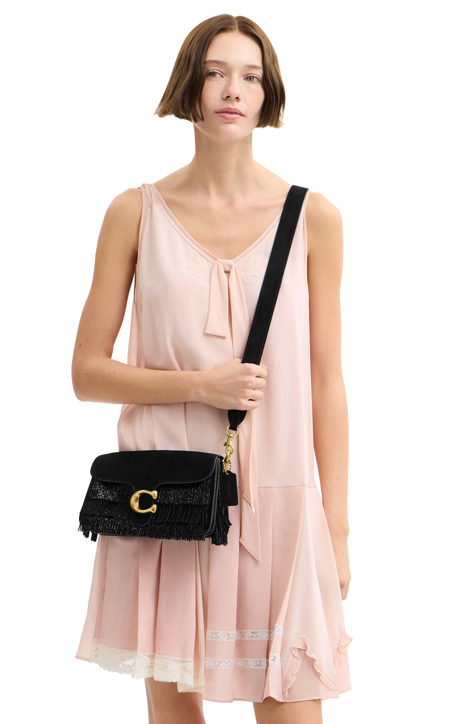 COACH Tabby Crystal Beaded Fringe Leather Shoulder Bag, Alternate, color, B4/ Black