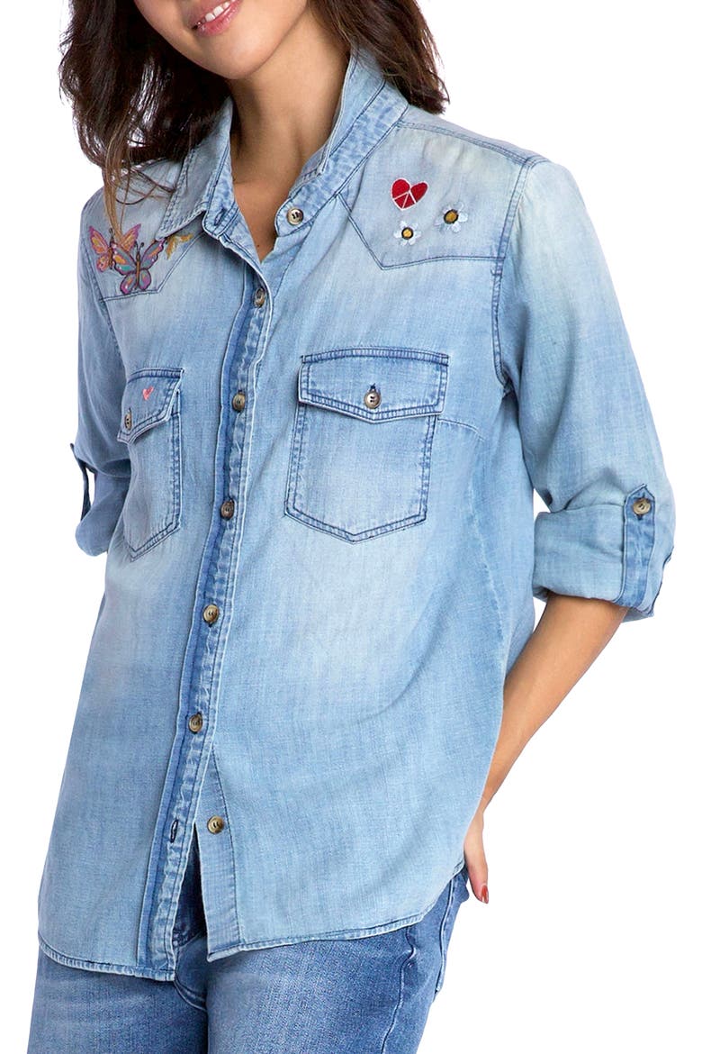 Butterfly Kiss Embroidered Denim Graphic Button-Up Shirt, Alternate, color, DENIM