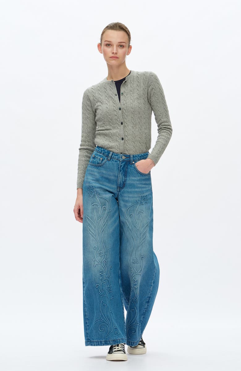 Bayeas High Waist Embroidered Detail Wide Leg Jeans, Alternate, color,