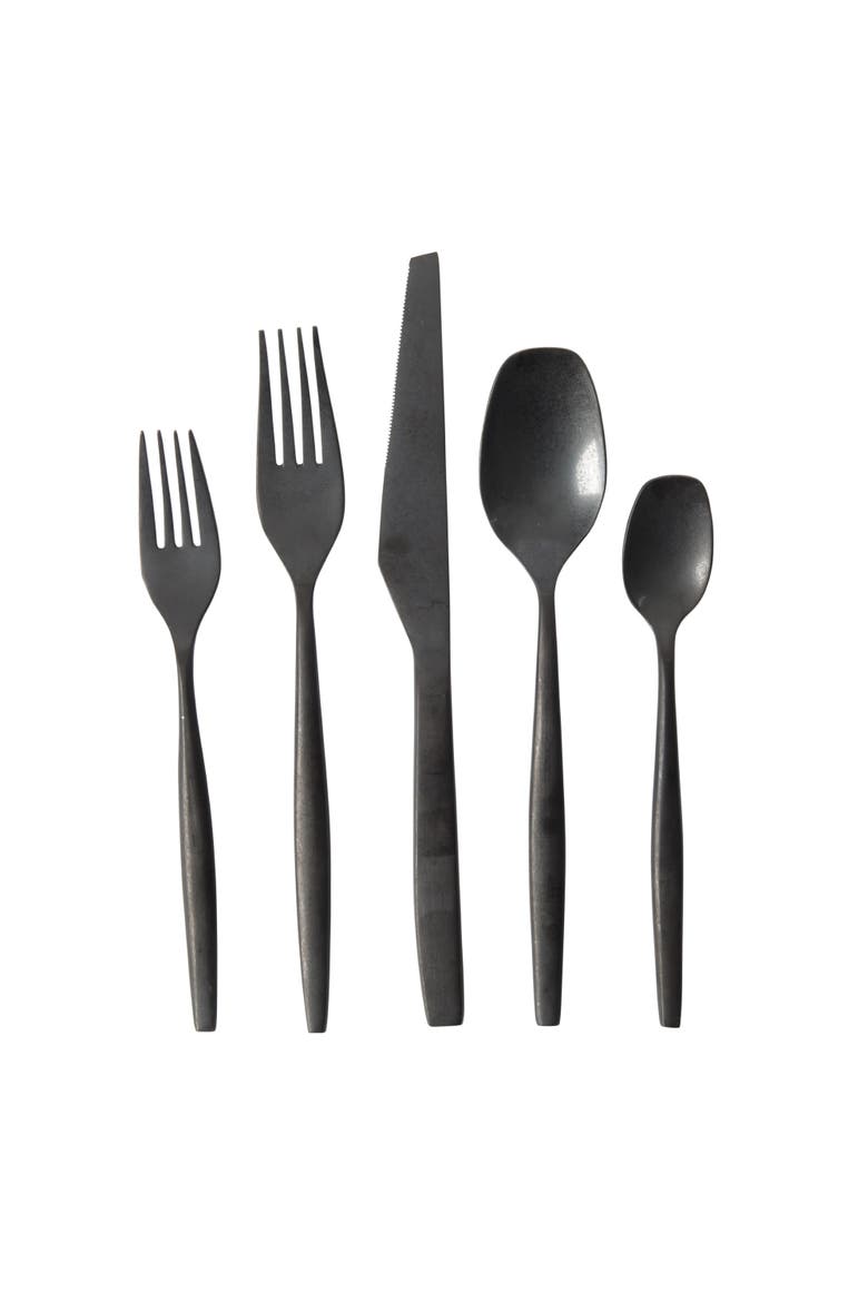 20 Piece Stone Washed Flatware 18/10 Stainless Steel Silverware Cutlery Utensil Set with Acacia Wood Caddy, Alternate, color, Black
