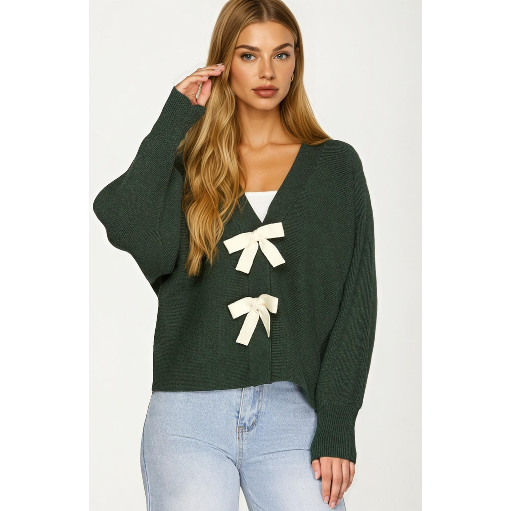 Knit and Lounge Bow Front Knit Cardigan in Dark Green  product