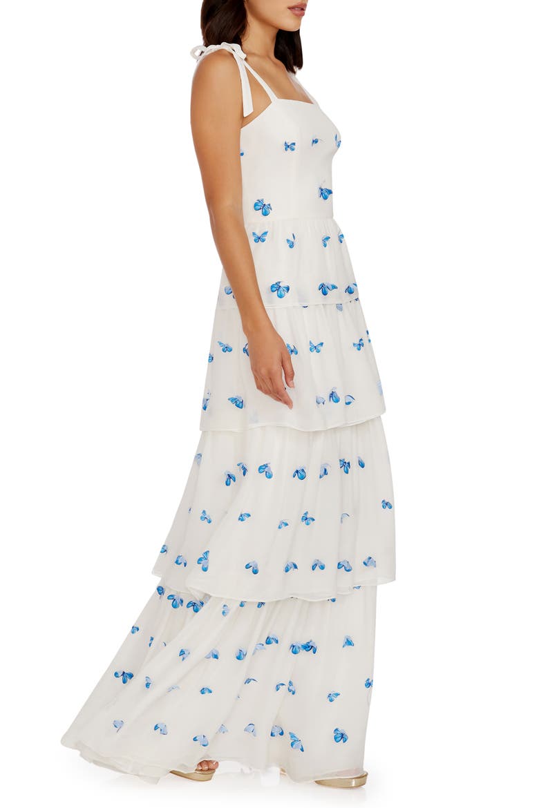 Monica Butterfly Appliqué Tiered Silk Gown, Alternate, color, WHITE-BLUE