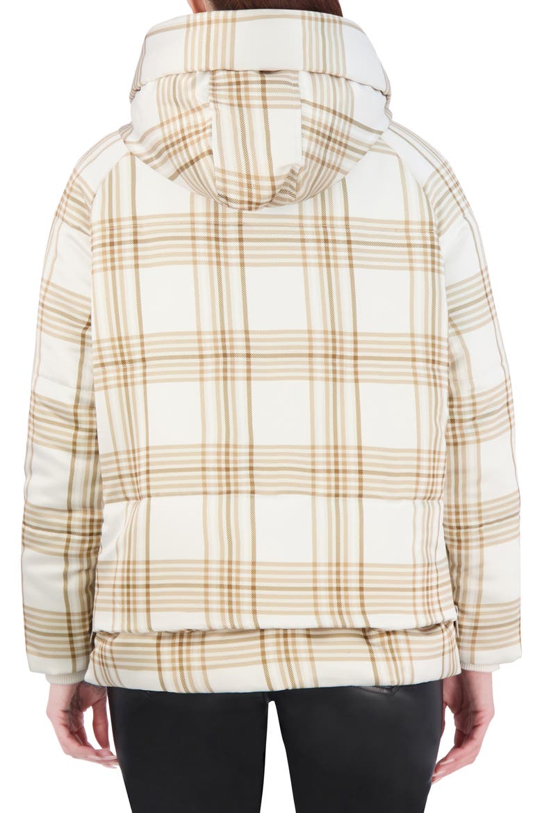 Plaid Faux Fur Lined Utility Crop Puffer Hooded Jacket, Alternate, color, CREAM PLAID