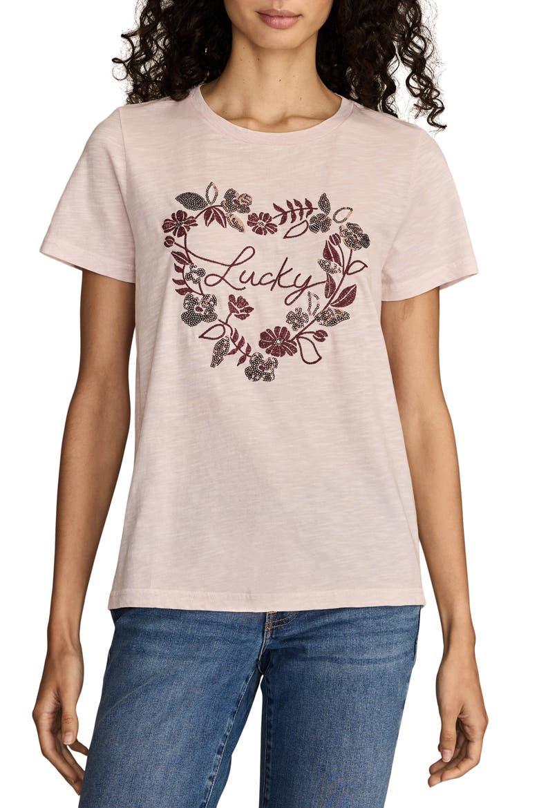 Floral Embroidery Lucky Heart Classic Crewneck Cotton Graphi T-Shirt, Main, color, MAUVE CHALK
