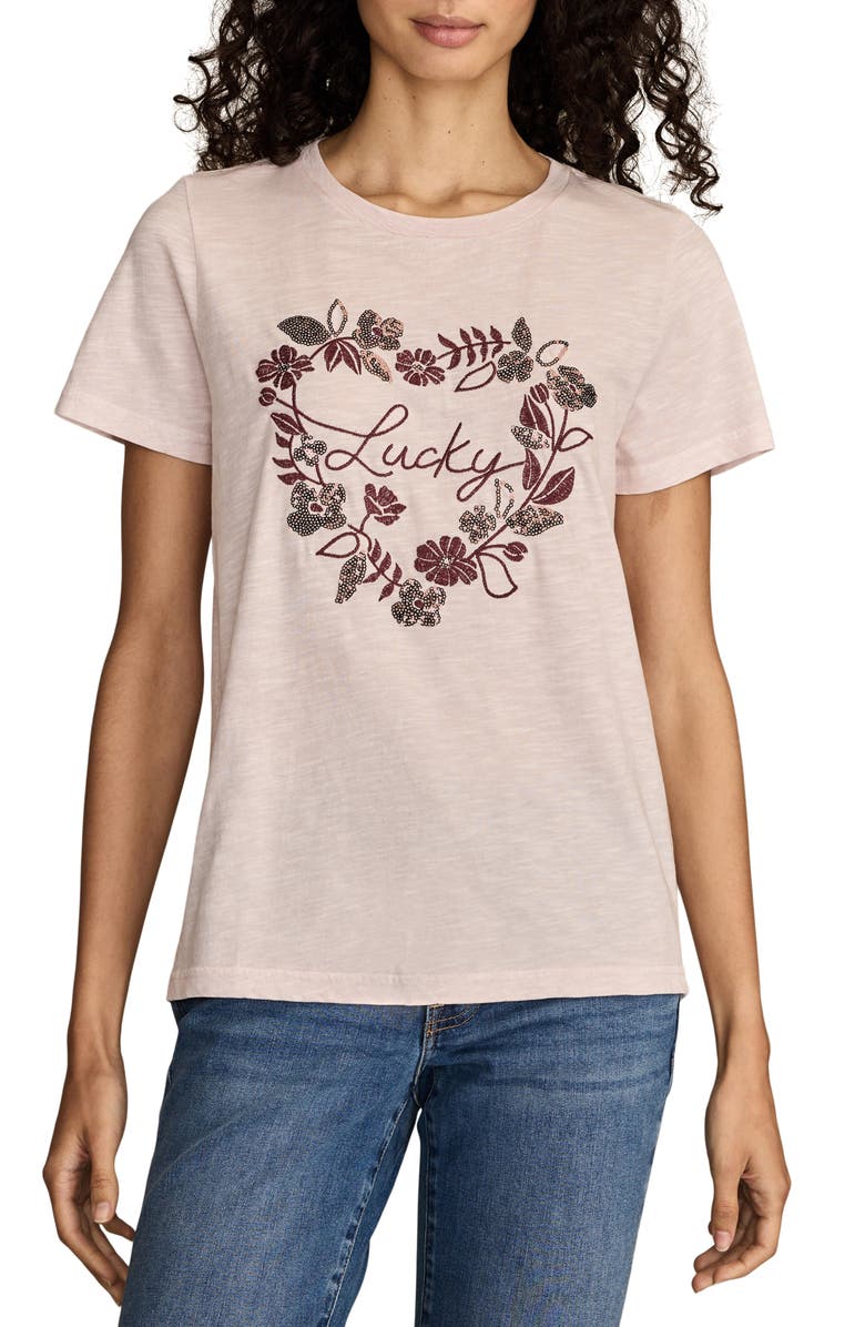 Lucky Brand Floral Embroidery Lucky Heart Classic Crewneck Cotton Graphi T-Shirt, Main, color, Mauve Chalk