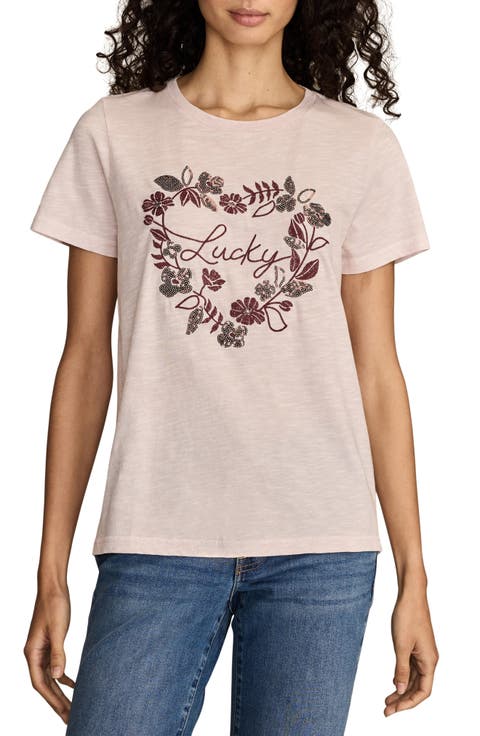 Floral Embroidery Lucky Heart Classic Crewneck Cotton Graphi T-Shirt