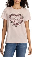 Lucky Brand Floral Embroidery Lucky Heart Classic Crewneck Cotton Graphi T-Shirt