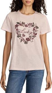 Lucky Brand Floral Embroidery Lucky Heart Classic Crewneck Cotton Graphi T-Shirt
