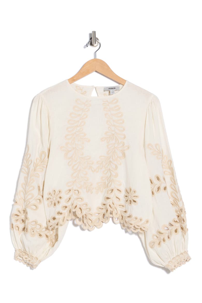 Long Sleeve Eyelet Linen Blend Top, Alternate, color, NATURAL
