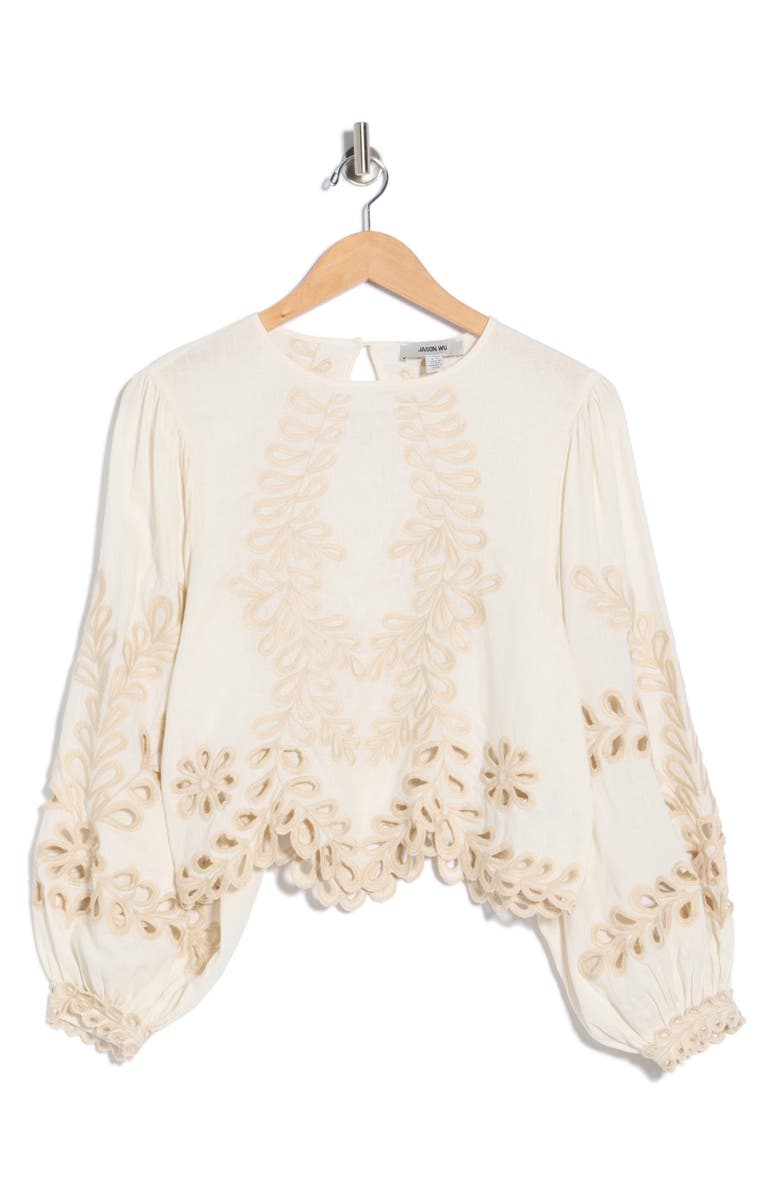JASON WU Long Sleeve Eyelet Linen Blend Top, Main, color, Natural