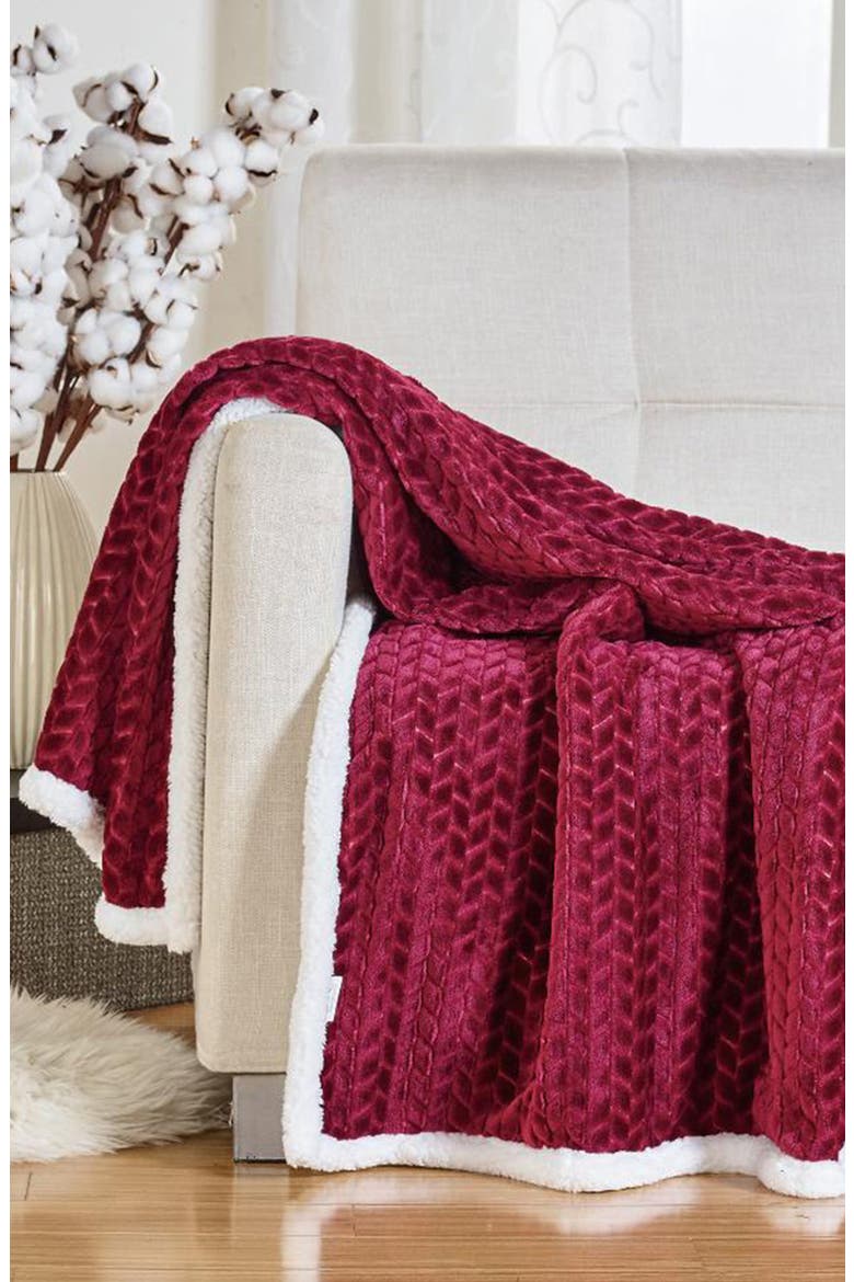 Faux Shearling Braided Reversible Throw Blanket, Alternate, color, BURGUNDY