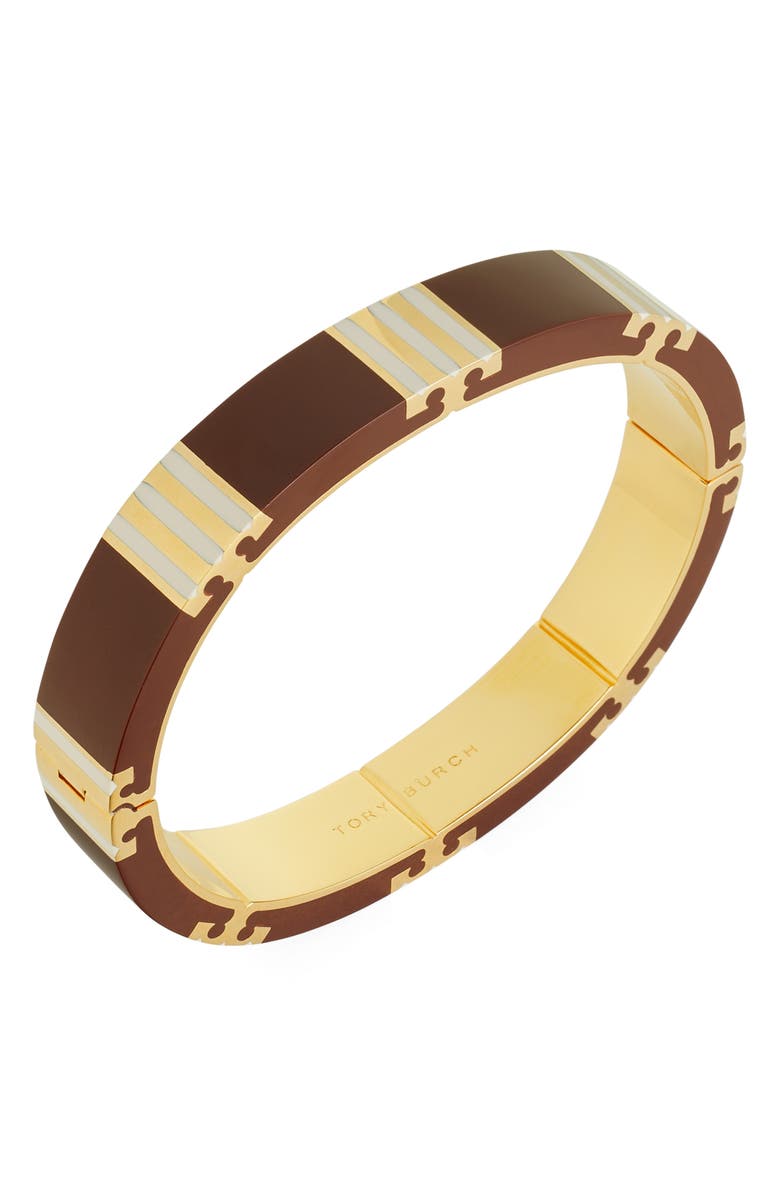 Tory Burch T-Stripe Bangle Bracelet, Alternate, color, Tory Gold / Burgundy / Pink