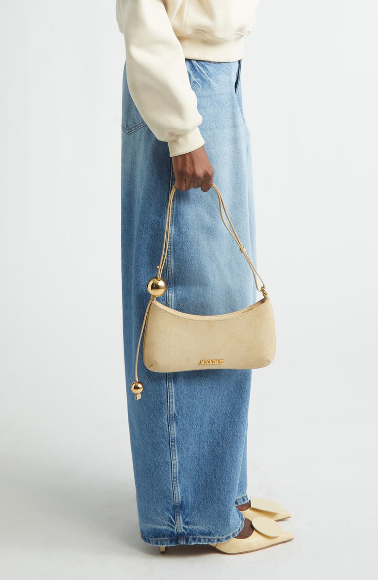 Jacquemus Le Bisou Perle Croc Embossed Suede Shoulder Bag, Alternate, color, Beige