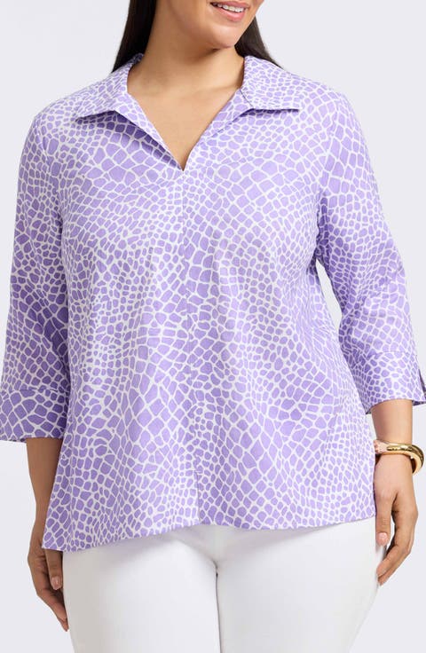 Agnes Print Three-Quarter Sleeve Linen Blend Popover Top (Plus)
