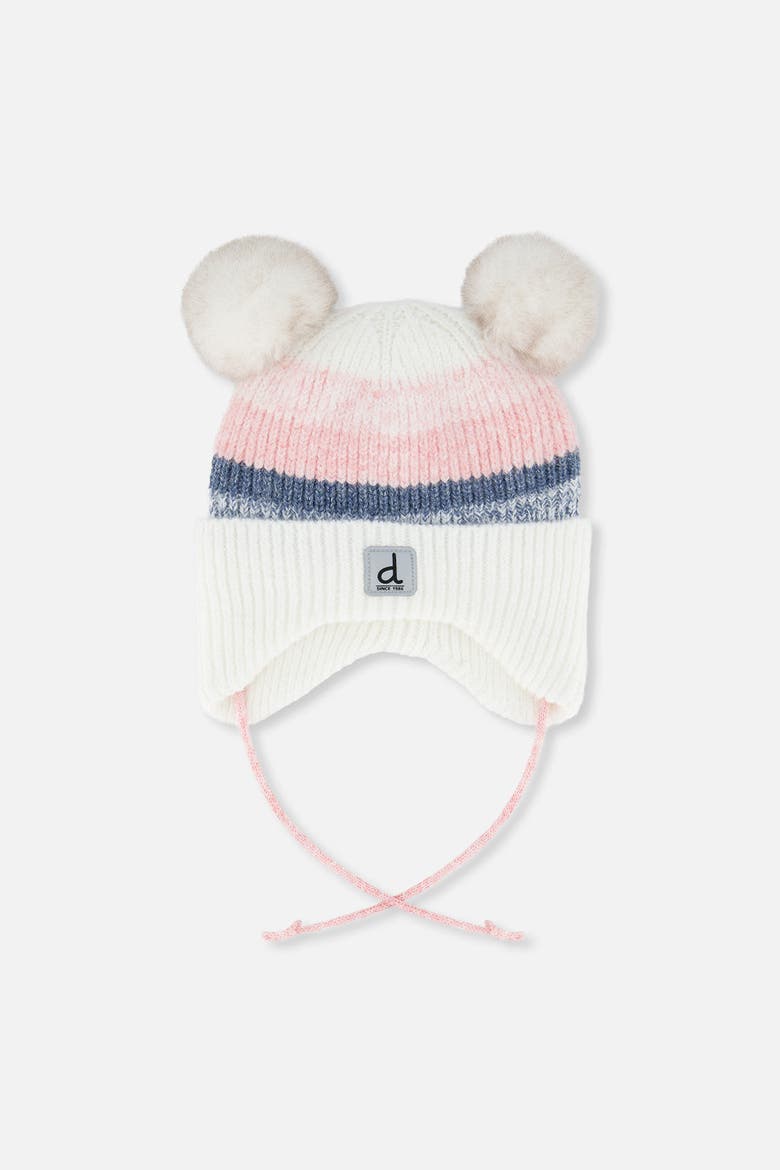 Striped Fleece Lined Pompom Ear Flap Winter Knit Hat, Main, color, Off-White, Pink and Blue