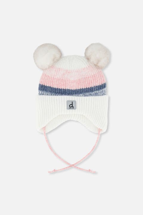 Striped Fleece Lined Pompom Ear Flap Winter Knit Hat