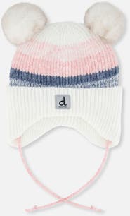 Deux par Deux Striped Fleece Lined Pompom Ear Flap Winter Knit Hat