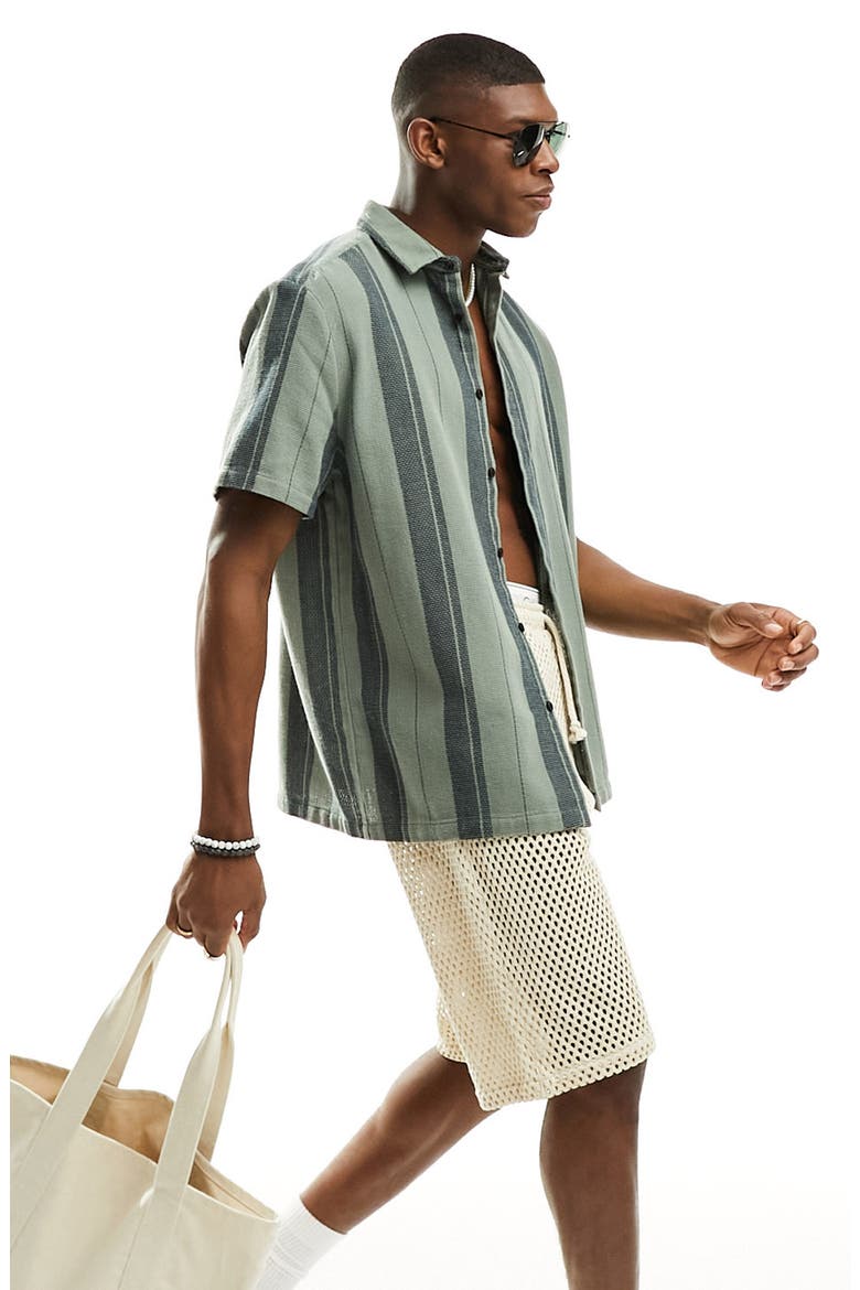 Texture Stripe Relaxed Short Sleeve Button-Up Shirt, Alternate, color, KHAKI