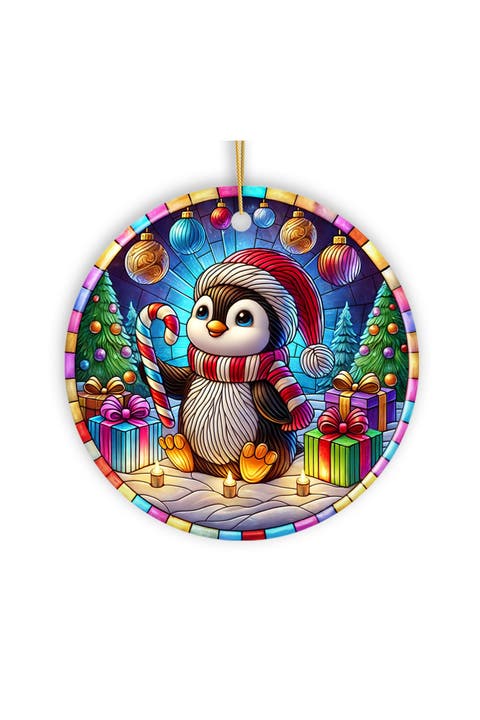 Stained Glass Penguin Candy Cane Ceramic Ornament